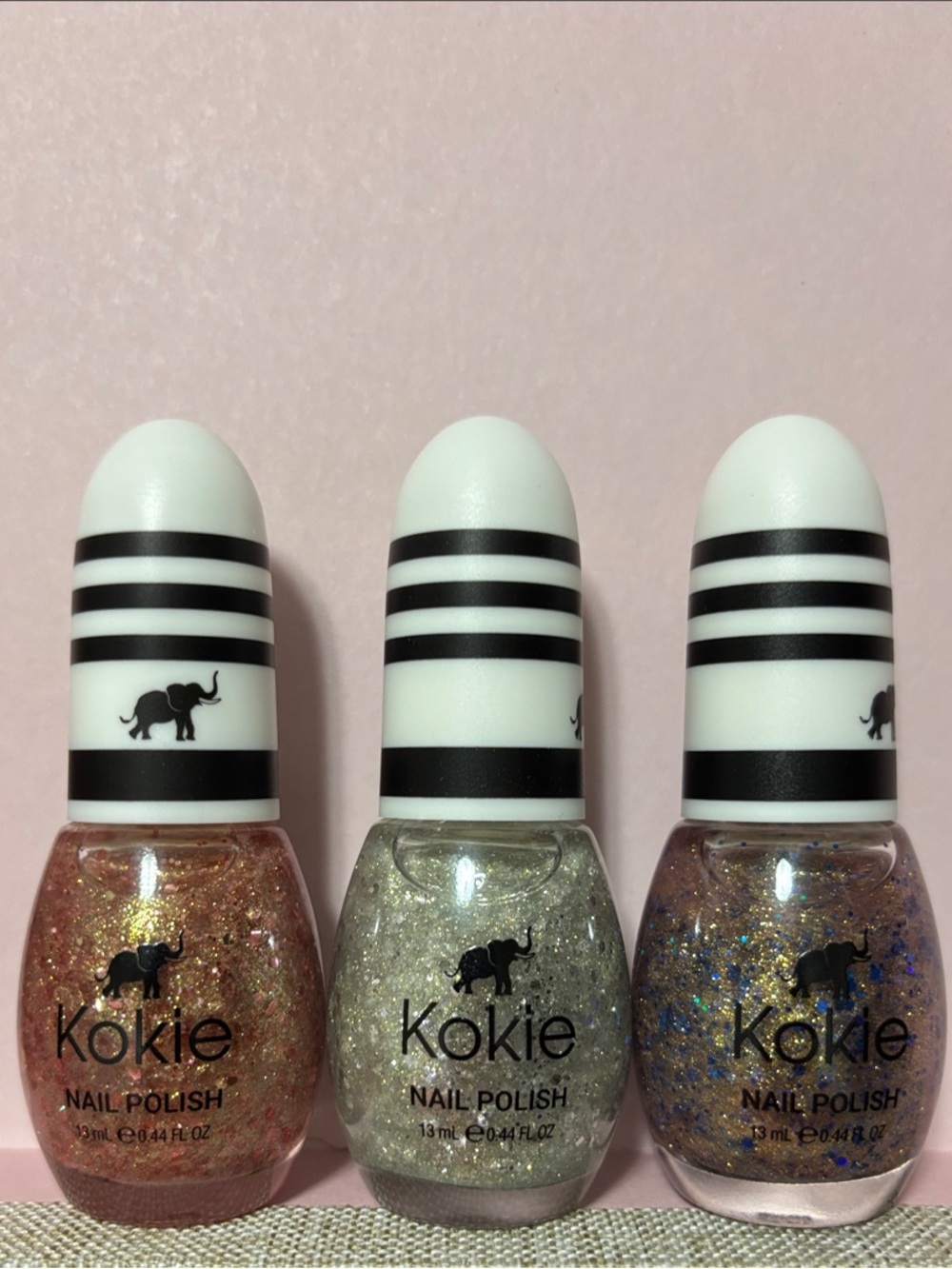 Kokie Glitter Nail Polish Trio - Rose Gold, Silver, Iridescent